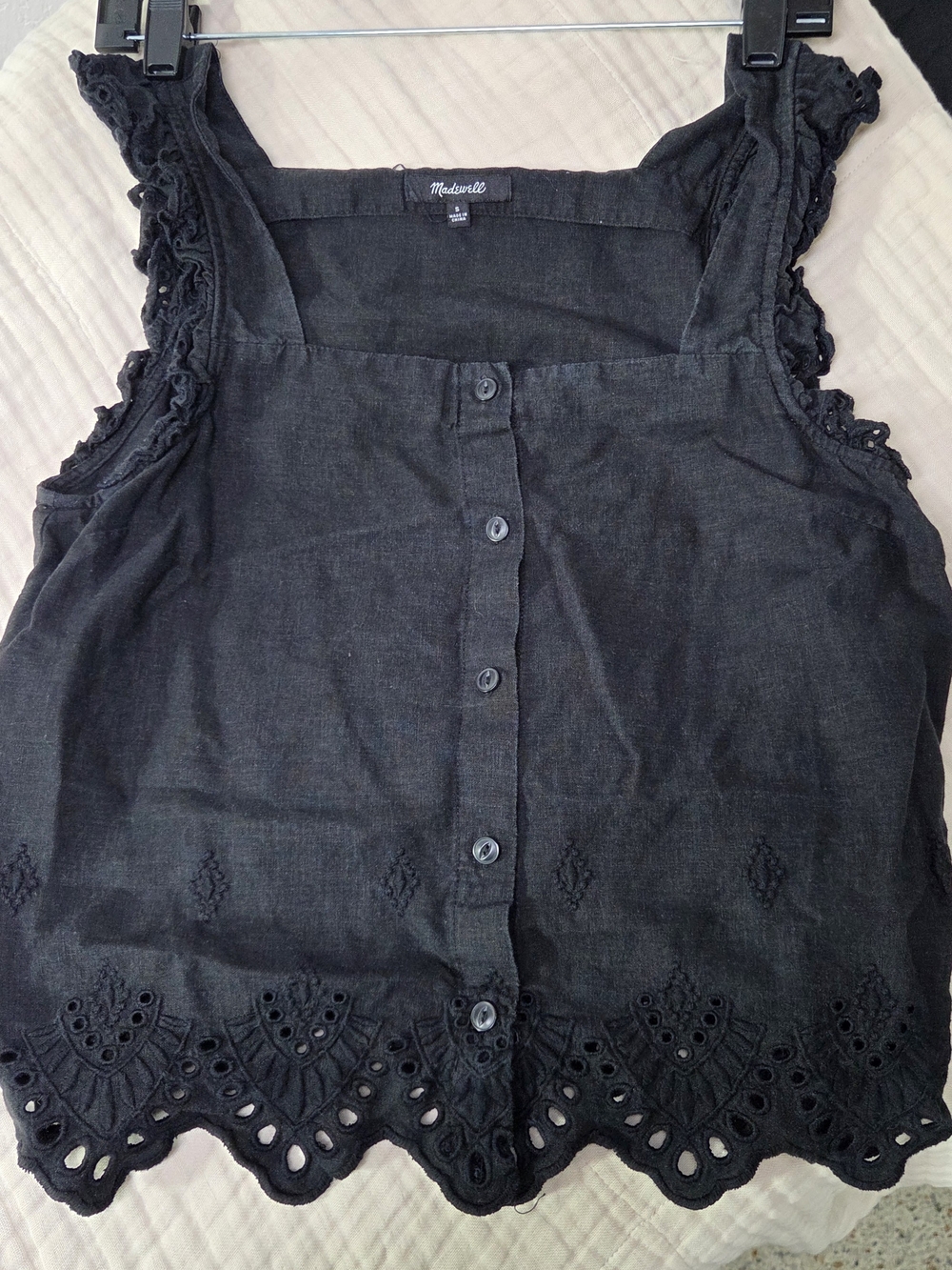 Madewell Black Eyelet Scalloped Hem Ruffle Strap Button Front Crop Top Size S